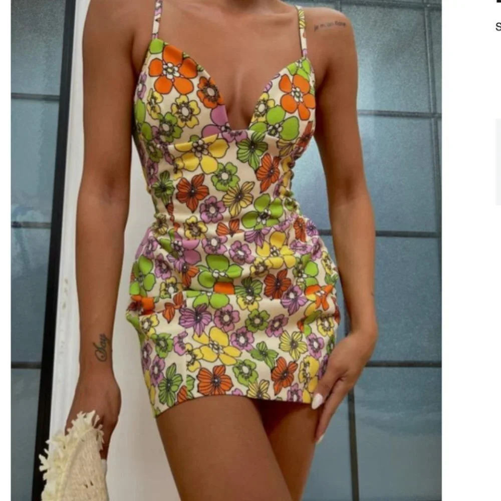 Zara Floral Mini Dress  Green Purple Yellow Orange Size Small